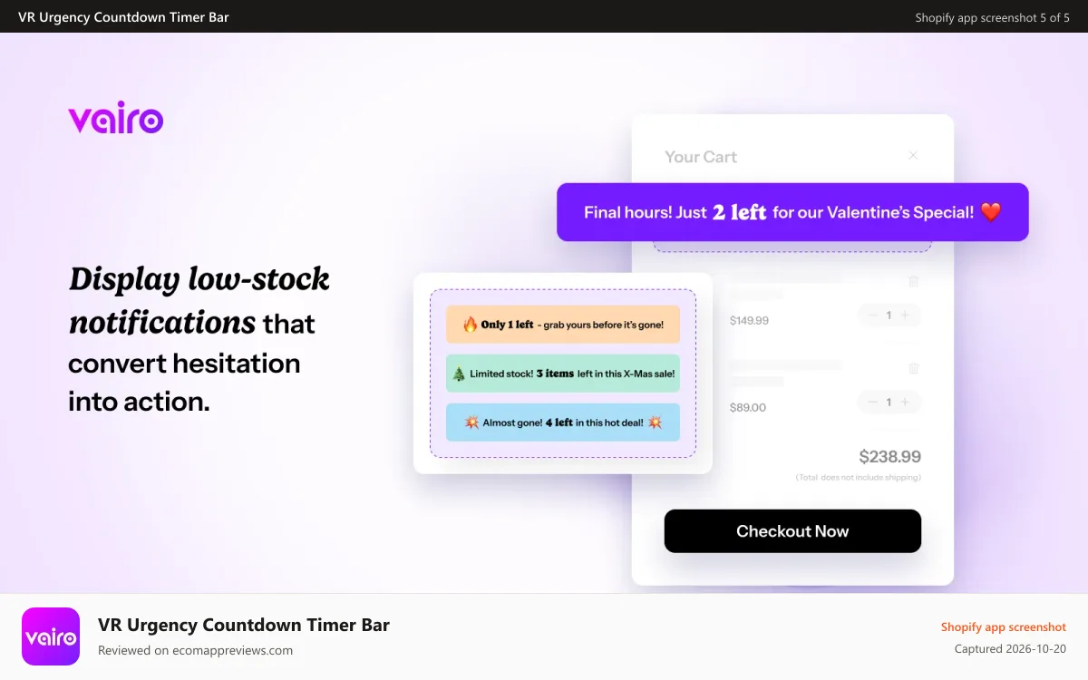 VR Urgency Countdown Timer Bar Shopify app screenshot: Display low-stock notifications that convert hesitation into act