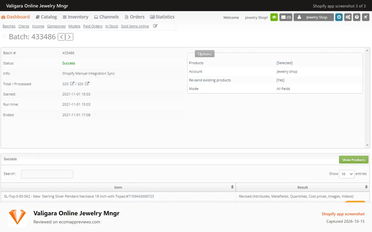 Valigara Online Jewelry Mngr Shopify app screenshot: Post revise products in bulk