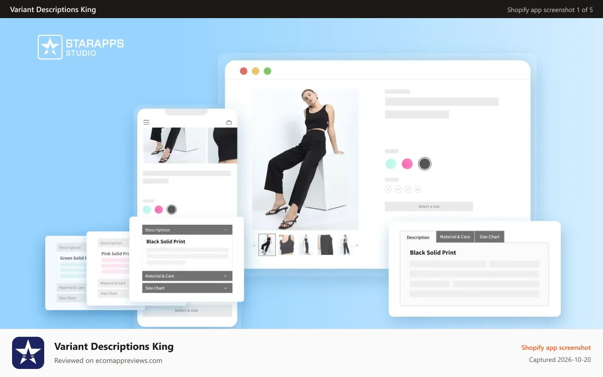 Variant Descriptions King Shopify app screenshot: Variant Specific Descriptions