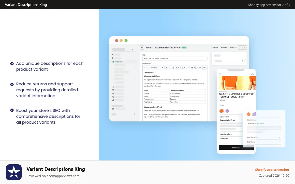 Variant Descriptions King Shopify app screenshot: Write variant specific description on shopify products
