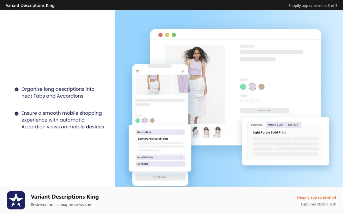 Variant Descriptions King Shopify app screenshot: Use easy hashtags to create different description for variants