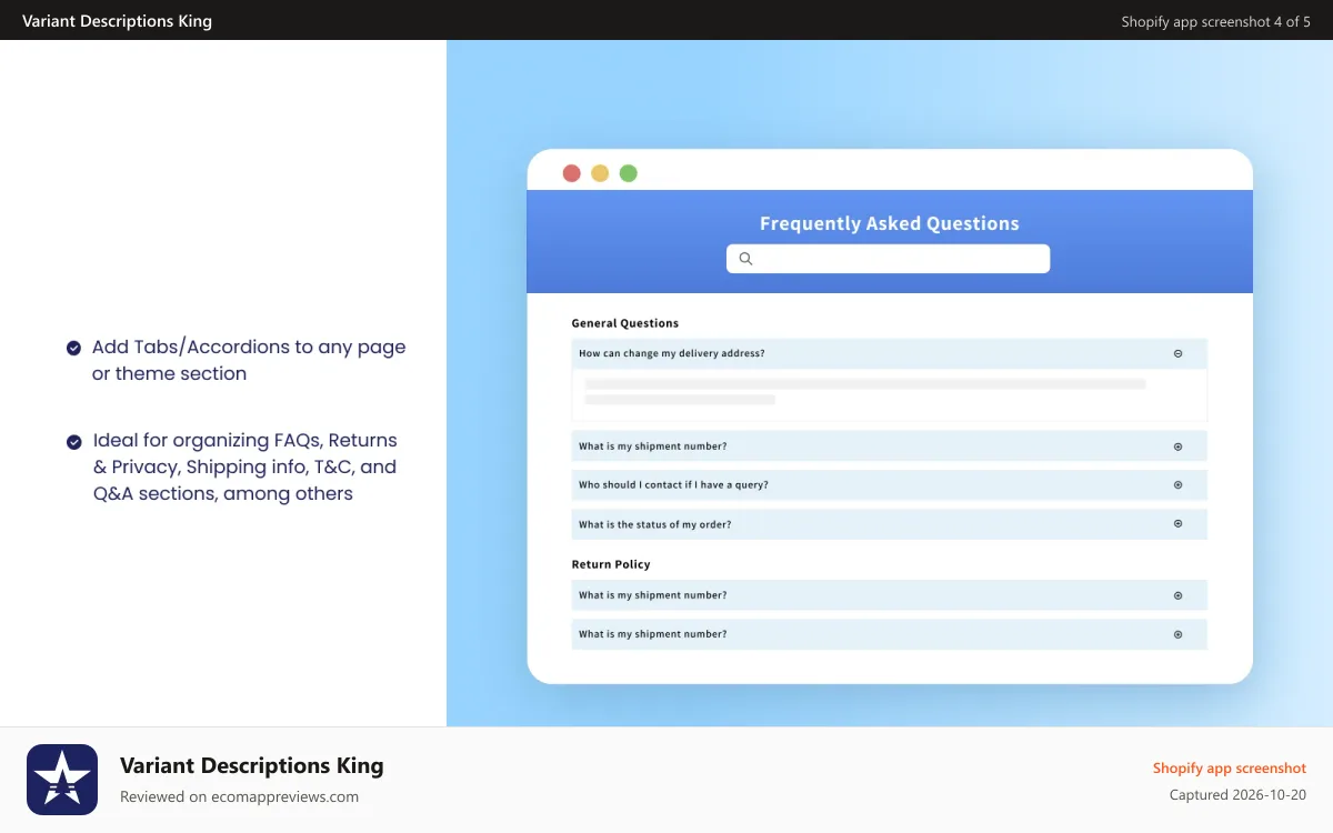 Variant Descriptions King Shopify app screenshot: variant image swatch description title king shopify plus app