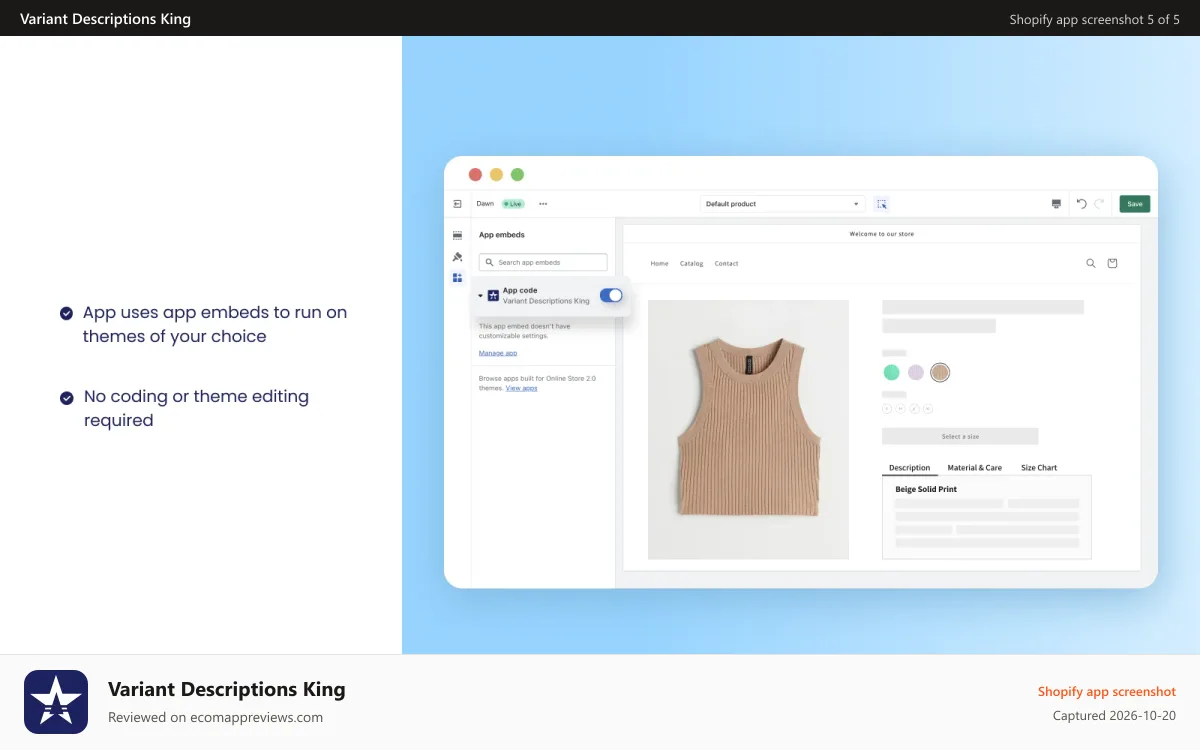 Variant Descriptions King Shopify app screenshot: Write variant specific description on shopify products
