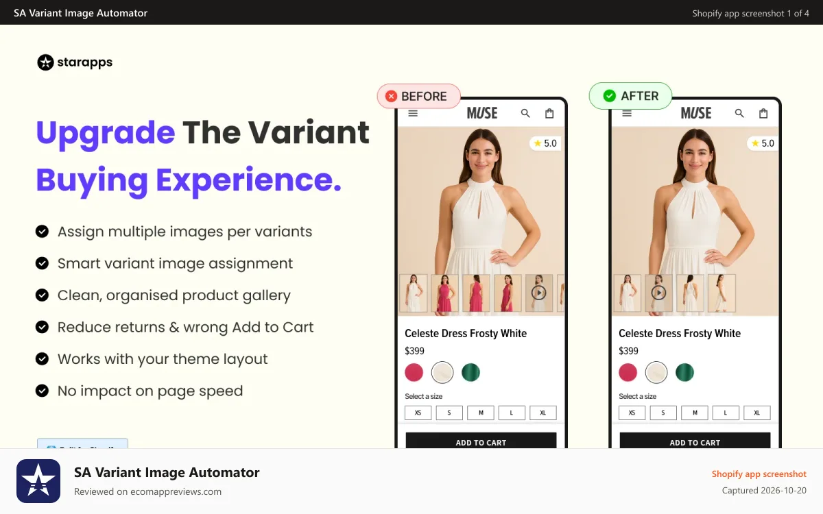 SA Variant Image Automator Shopify app screenshot: Before vs after Shopify page: messy gallery vs clean variants