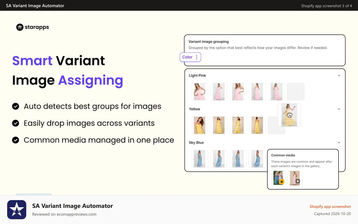 SA Variant Image Automator Shopify app screenshot: Assign Shopify variant images by color with drag drop dashboard