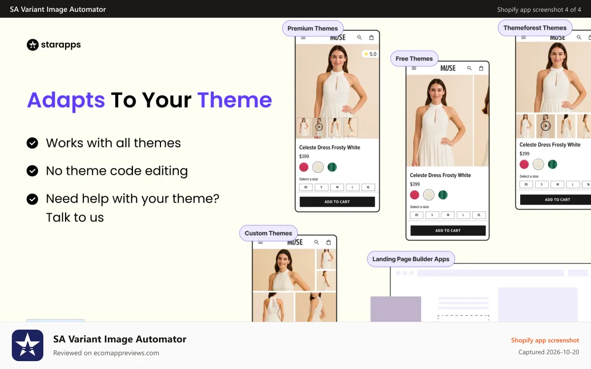 SA Variant Image Automator Shopify app screenshot: Shopify variant images working across themes without code change