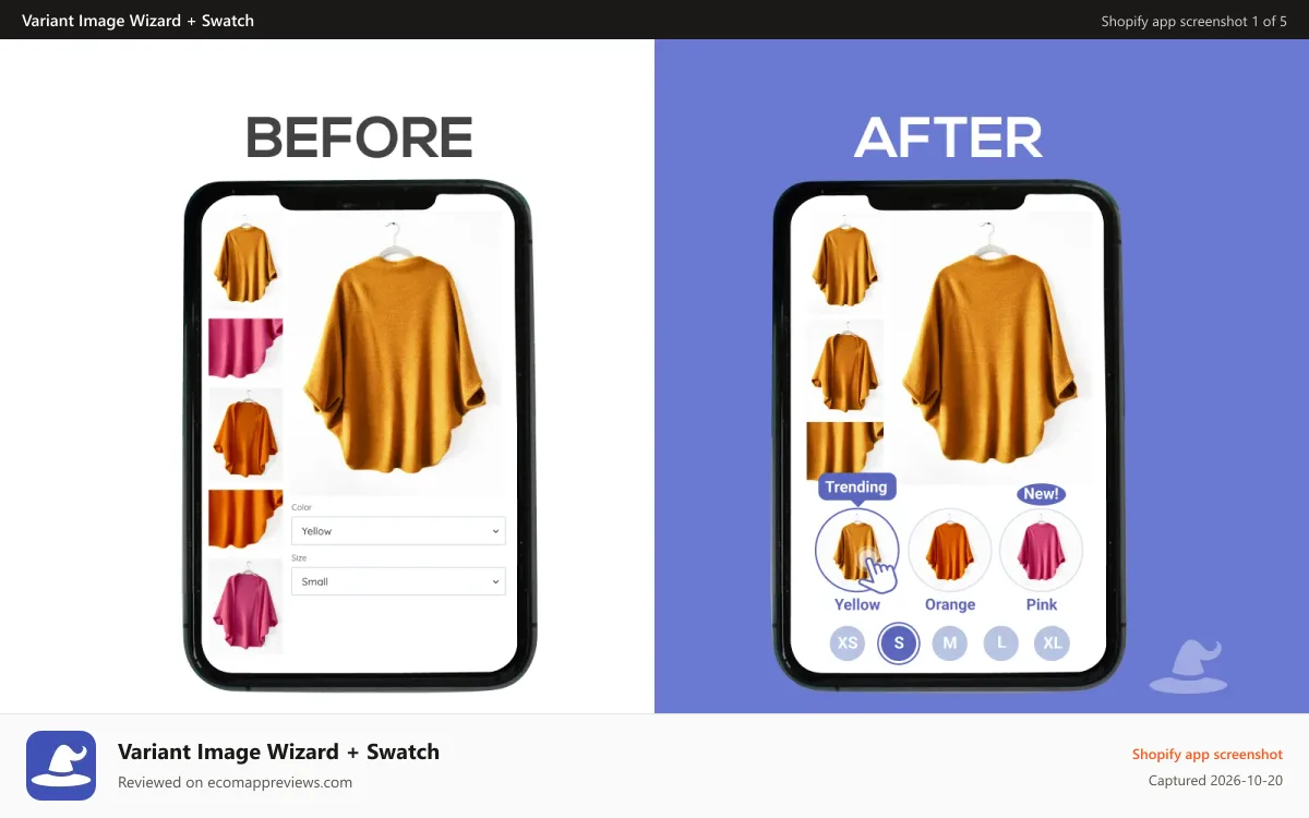 Variant Image Wizard + Swatch Shopify app screenshot: Before & After
