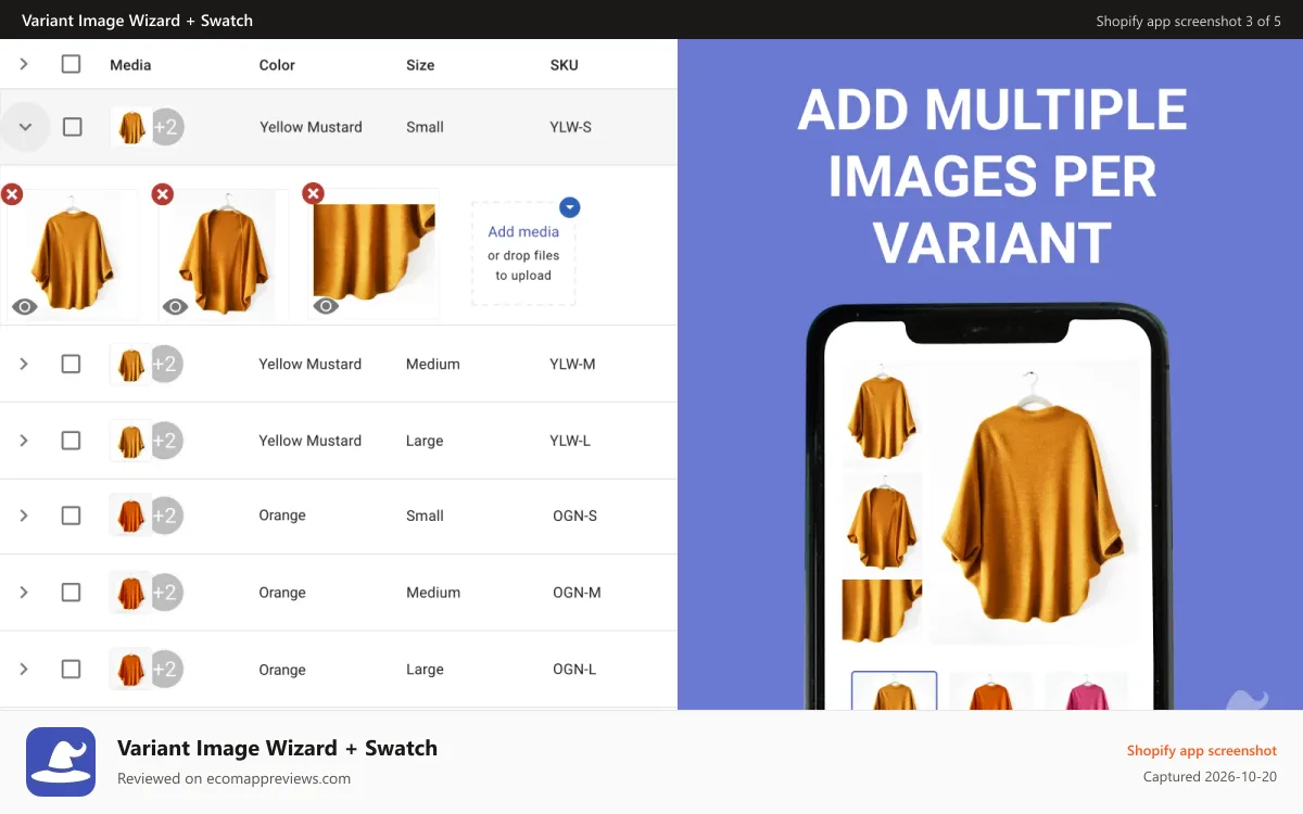 Variant Image Wizard + Swatch Shopify app screenshot: Add Multiple Images Per Variant