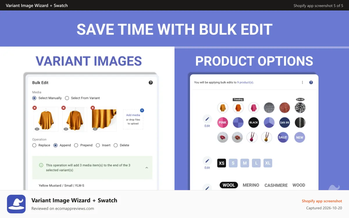 Variant Image Wizard + Swatch Shopify app screenshot: Save Time With Bulk Edit