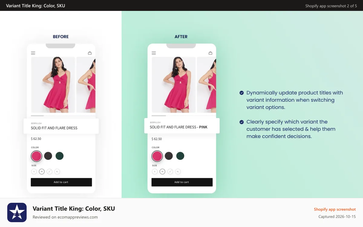 Variant Title King: Color, SKU Shopify app screenshot: change product title with variant - variant title king - shopify