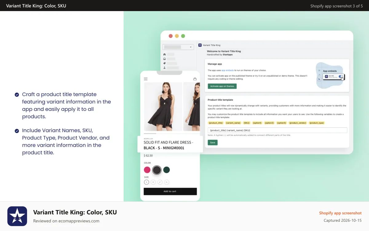 Variant Title King: Color, SKU Shopify app screenshot: variant title king - product title based on selected variant