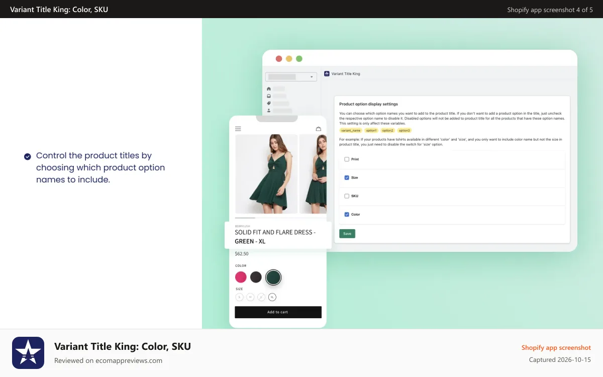 Variant Title King: Color, SKU Shopify app screenshot: easy to configure product title template. variant, options, SKU