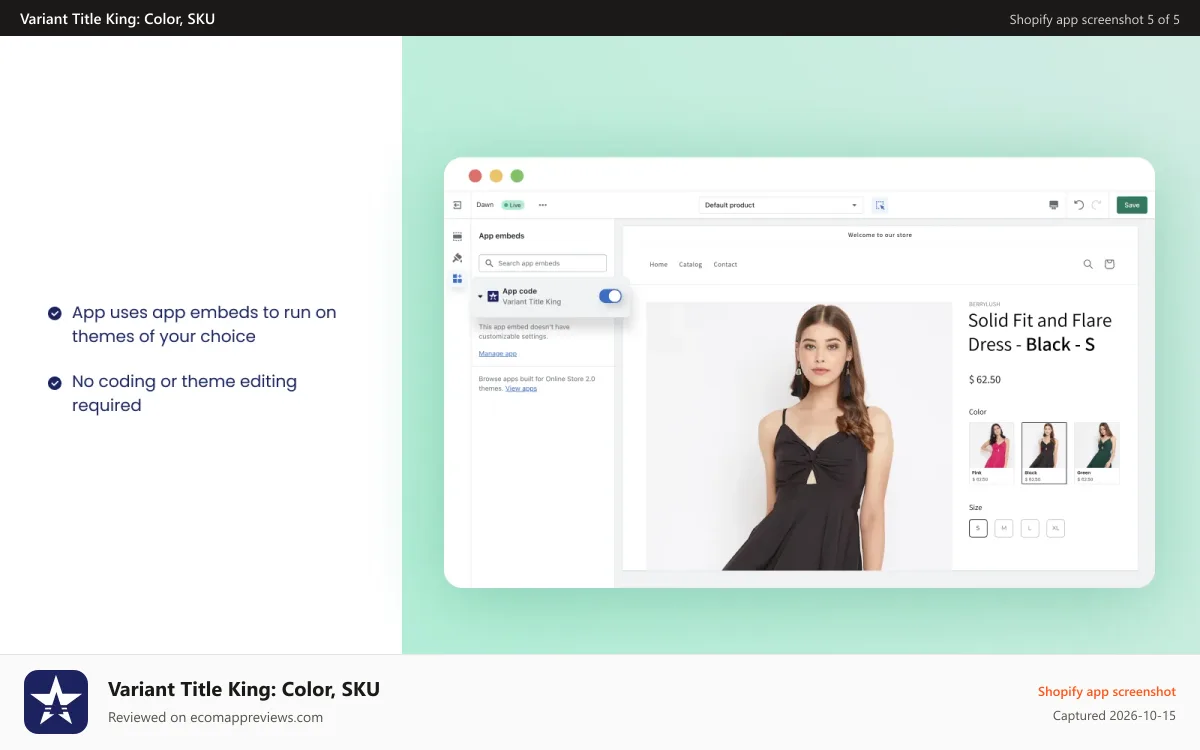 Variant Title King: Color, SKU Shopify app screenshot: App embeds, Product title, Variant Information, Product Options