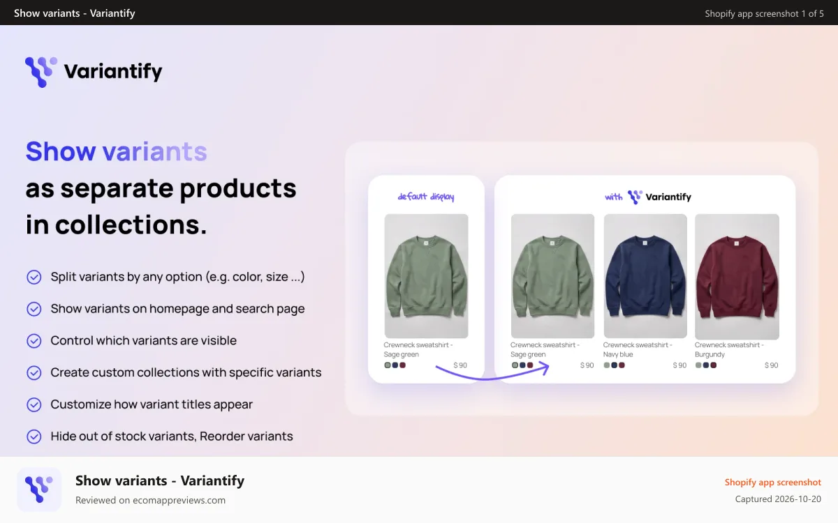 Show variants ‑ Variantify Shopify app screenshot: Split variants as separate products on collection pages easily