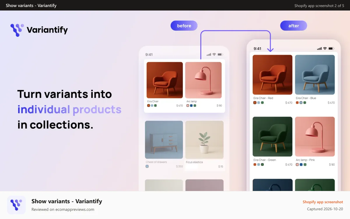 Show variants ‑ Variantify Shopify app screenshot: show variants as separare products on collection pages.