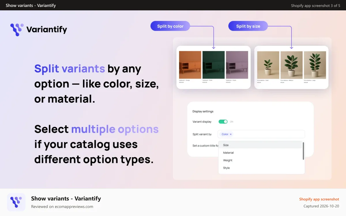 Show variants ‑ Variantify Shopify app screenshot: Choose the option you want to split variants as separate product