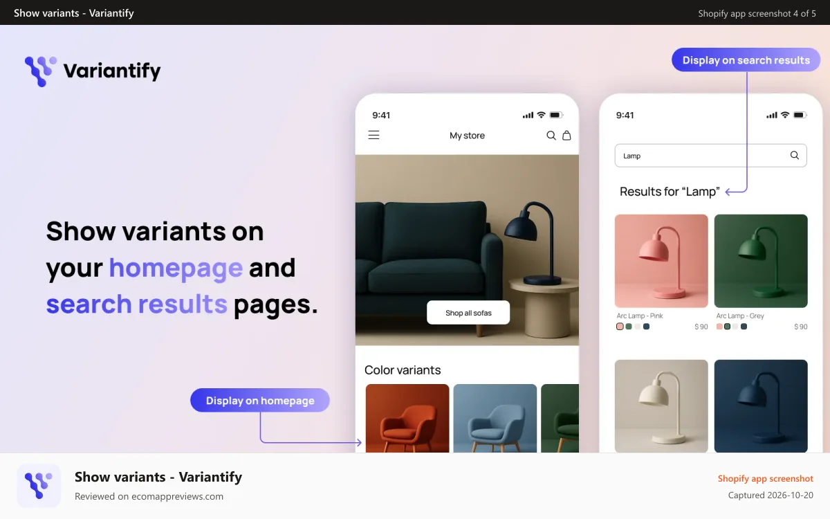 Show variants ‑ Variantify Shopify app screenshot: Show variants on your homepage and search results pages.