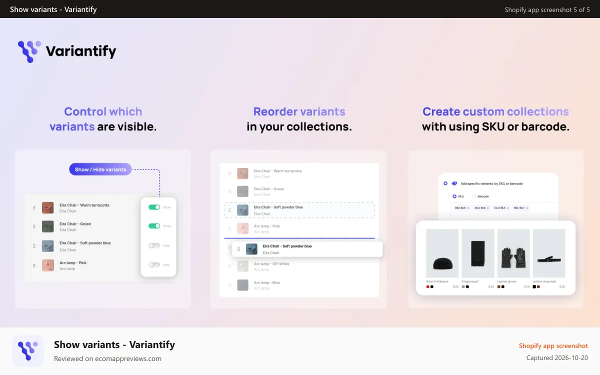 Show variants ‑ Variantify Shopify app screenshot: Control each variant visibility, reorder variants