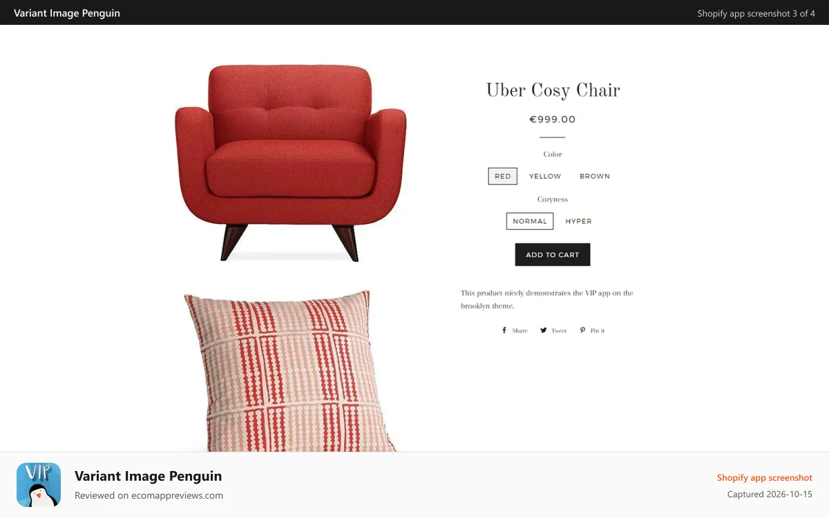 Variant Image Penguin Shopify app screenshot: Product Page Red Variant