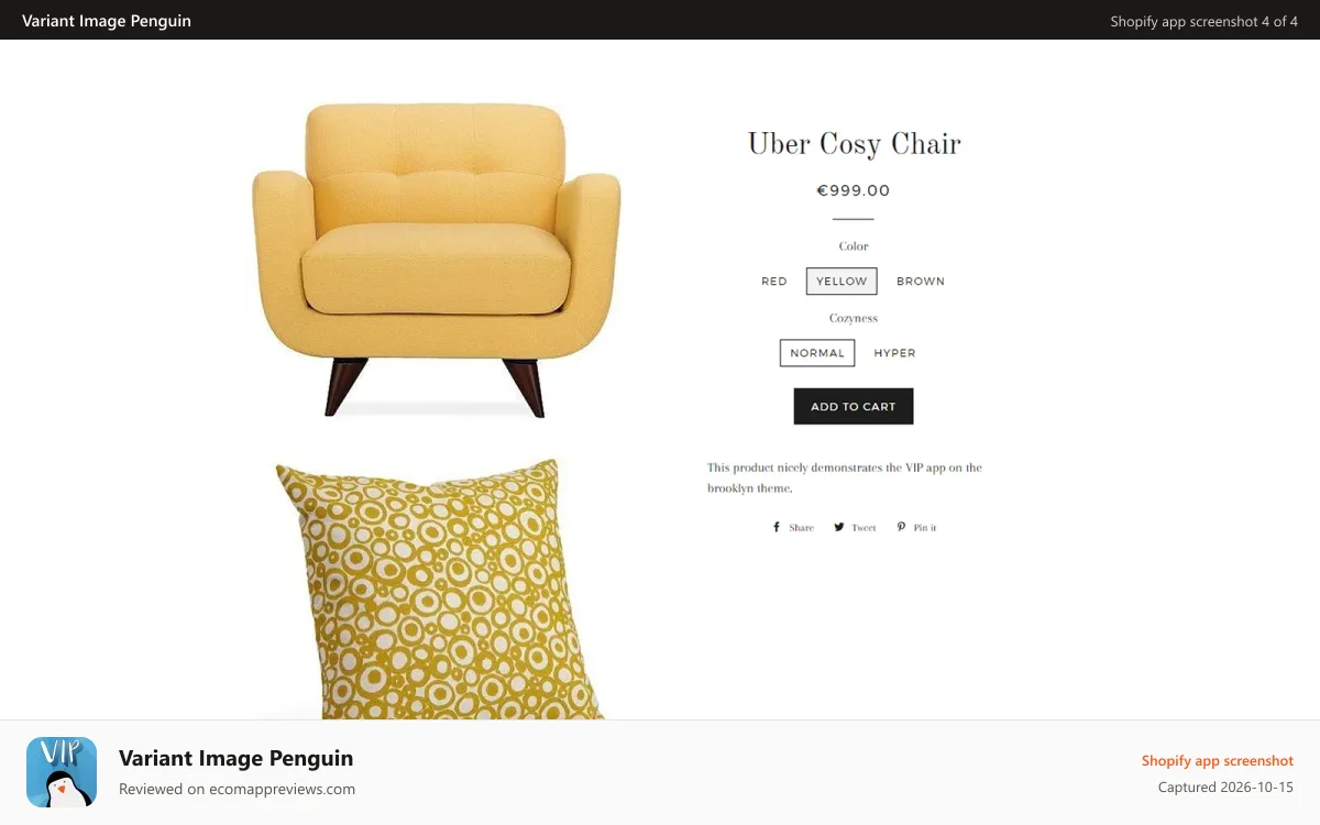 Variant Image Penguin Shopify app screenshot: Product Page Yellow Variant
