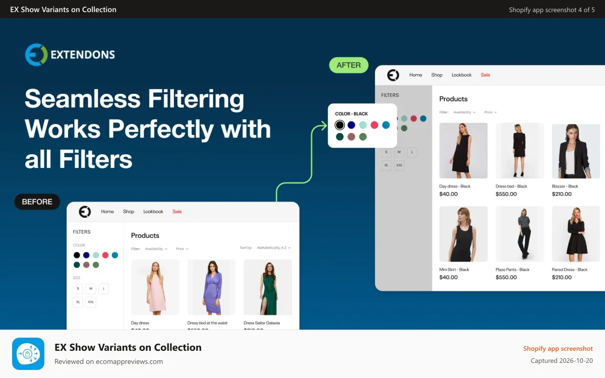 EX Show Variants on Collection Shopify app screenshot: show variants in filter results - EX Show Variants on Collection