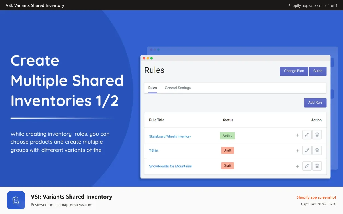 VSI: Variants Shared Inventory Shopify app screenshot: Create Multiple Shopify Shared Inventories