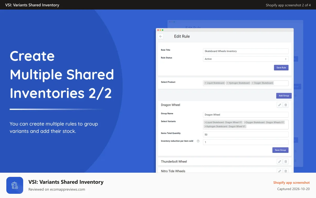 VSI: Variants Shared Inventory Shopify app screenshot: Create Multiple Shared Inventories on Shopify