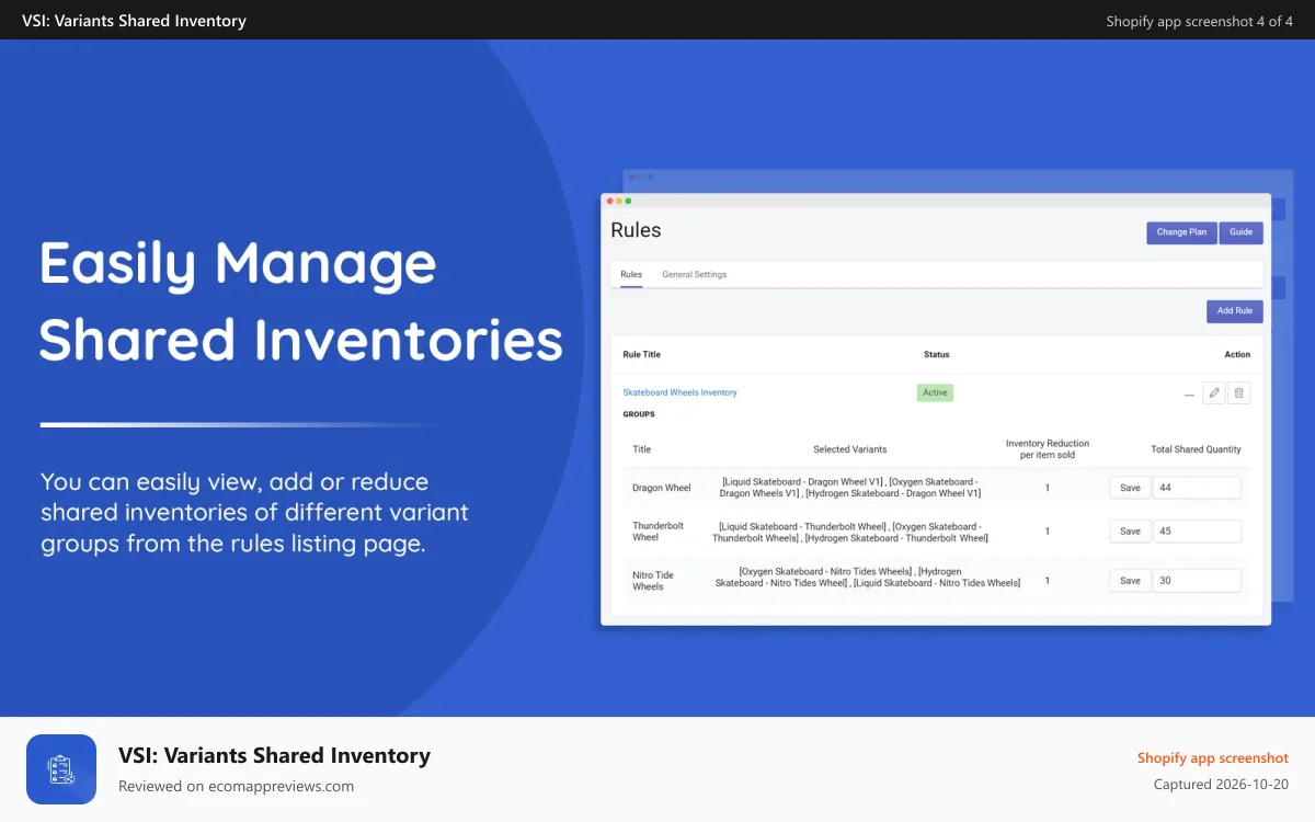 VSI: Variants Shared Inventory Shopify app screenshot: Easily Manage Inventories