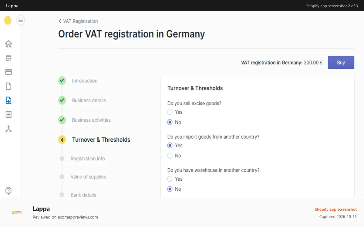 Lappa Shopify app screenshot: Lovat Order VAT registration