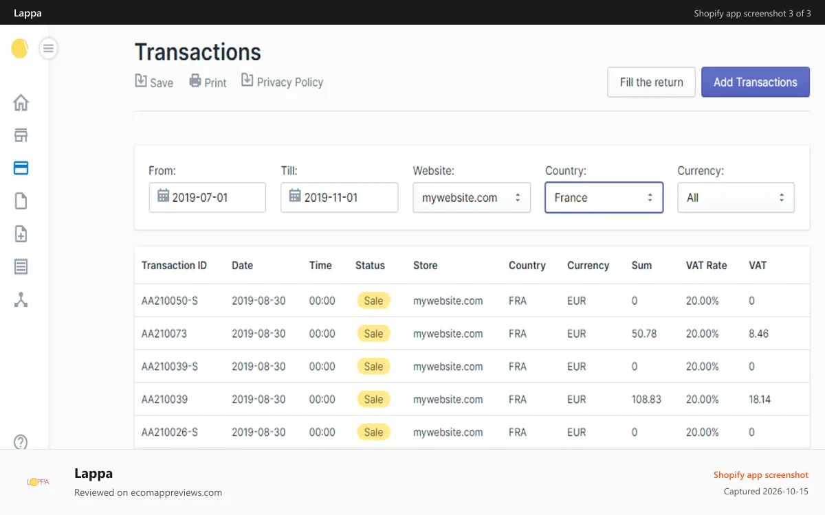 Lappa Shopify app screenshot: Lovat Transactions