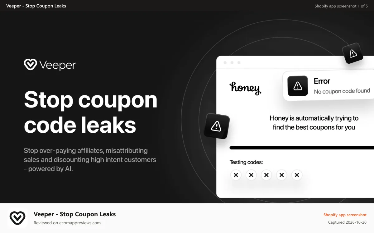 Veeper ‑ Stop Coupon Leaks Shopify app screenshot: Stop coupon code leaks