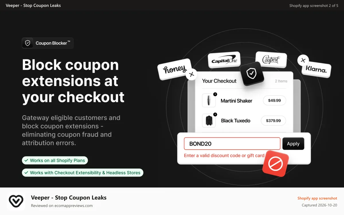 Veeper ‑ Stop Coupon Leaks Shopify app screenshot: Block coupon extensions at your checkout