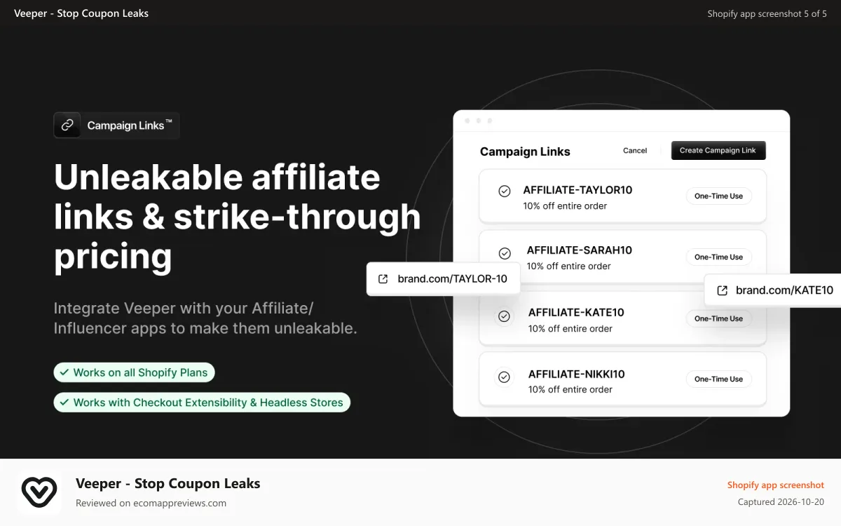 Veeper ‑ Stop Coupon Leaks Shopify app screenshot: Make your affiliate/influencer platforms unleakable