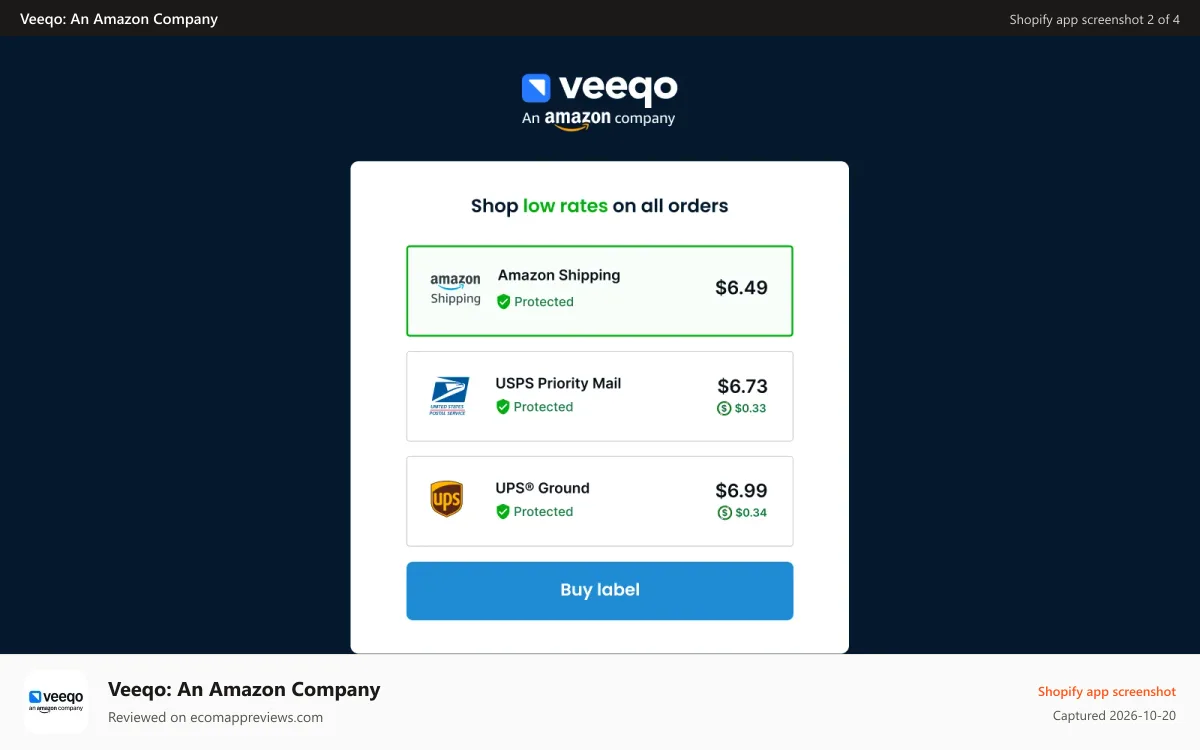 Veeqo: An Amazon Company Shopify app screenshot: Shop lowest rates.