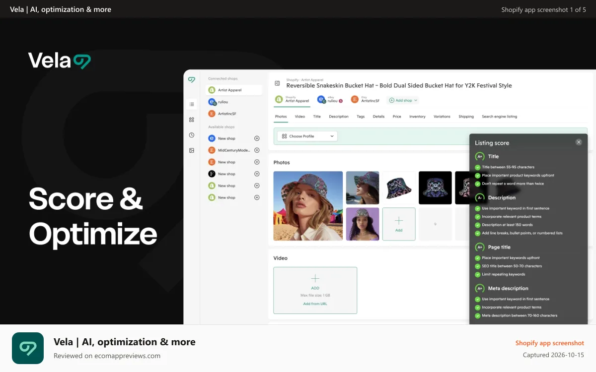 Vela | AI, optimization & more Shopify app screenshot: Analyze and optimize listing scores with AI