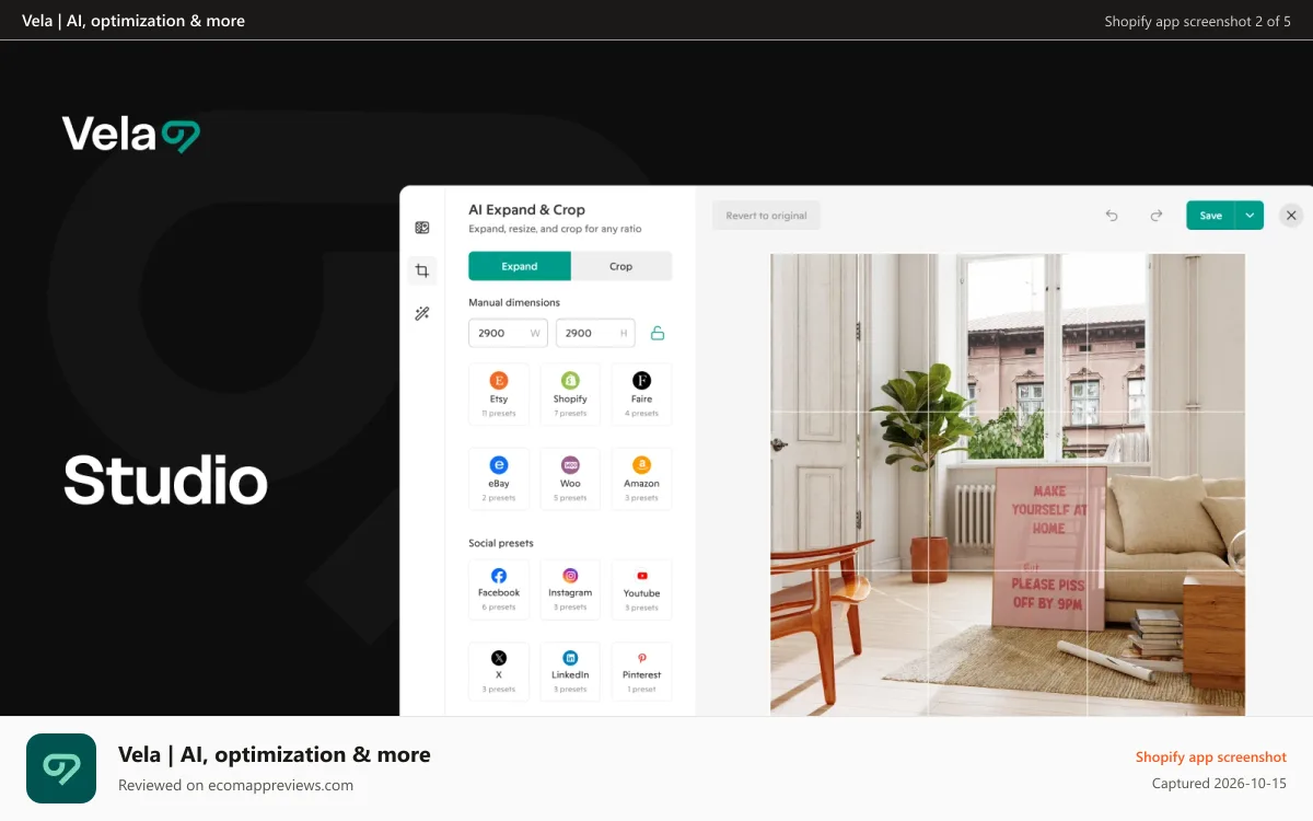 Vela | AI, optimization & more Shopify app screenshot: Optimize photos with AI backgrounds, auto-enhance, and more