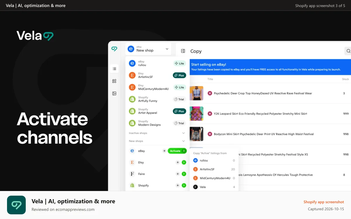 Vela | AI, optimization & more Shopify app screenshot: Copy and publish listings between shops and activate channels