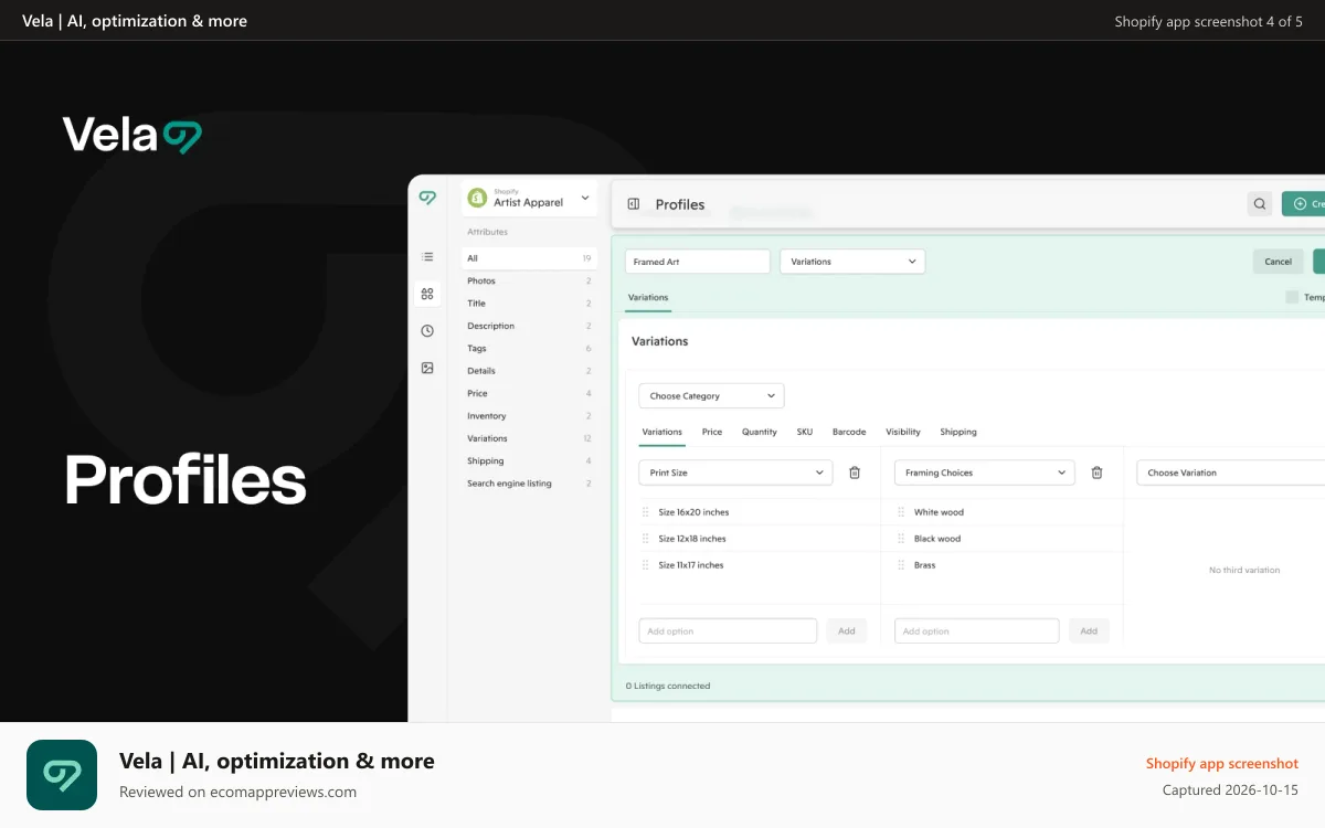 Vela | AI, optimization & more Shopify app screenshot: Easily create and manage multiple listings with profiles