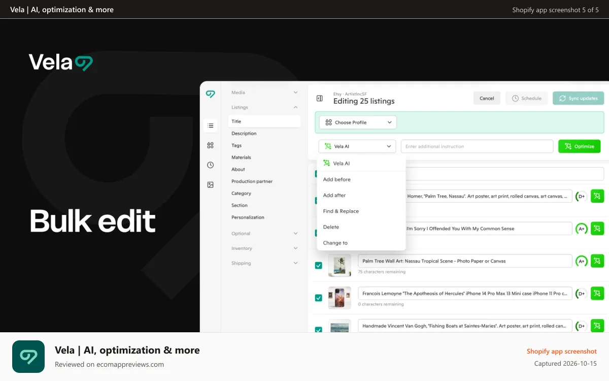 Vela | AI, optimization & more Shopify app screenshot: AI bulk edit titles, descriptions, tags, pricing, and more