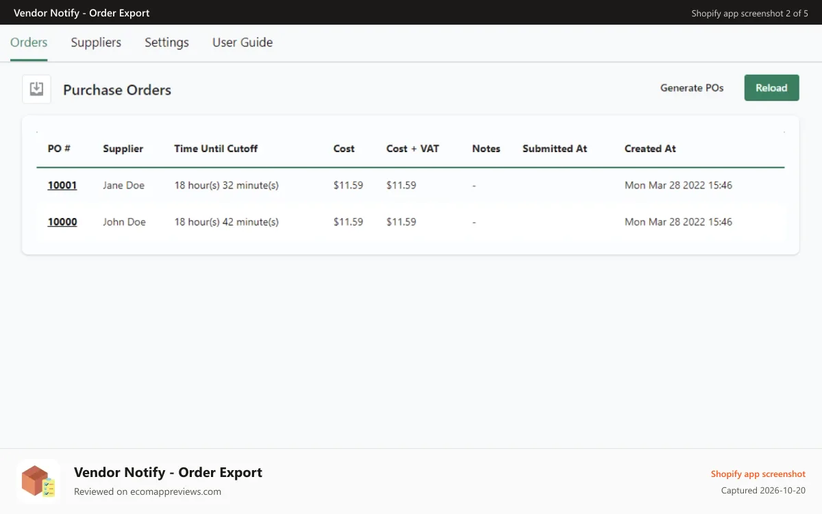 Vendor Notify ‑ Order Export Shopify app screenshot: Purchase orders List