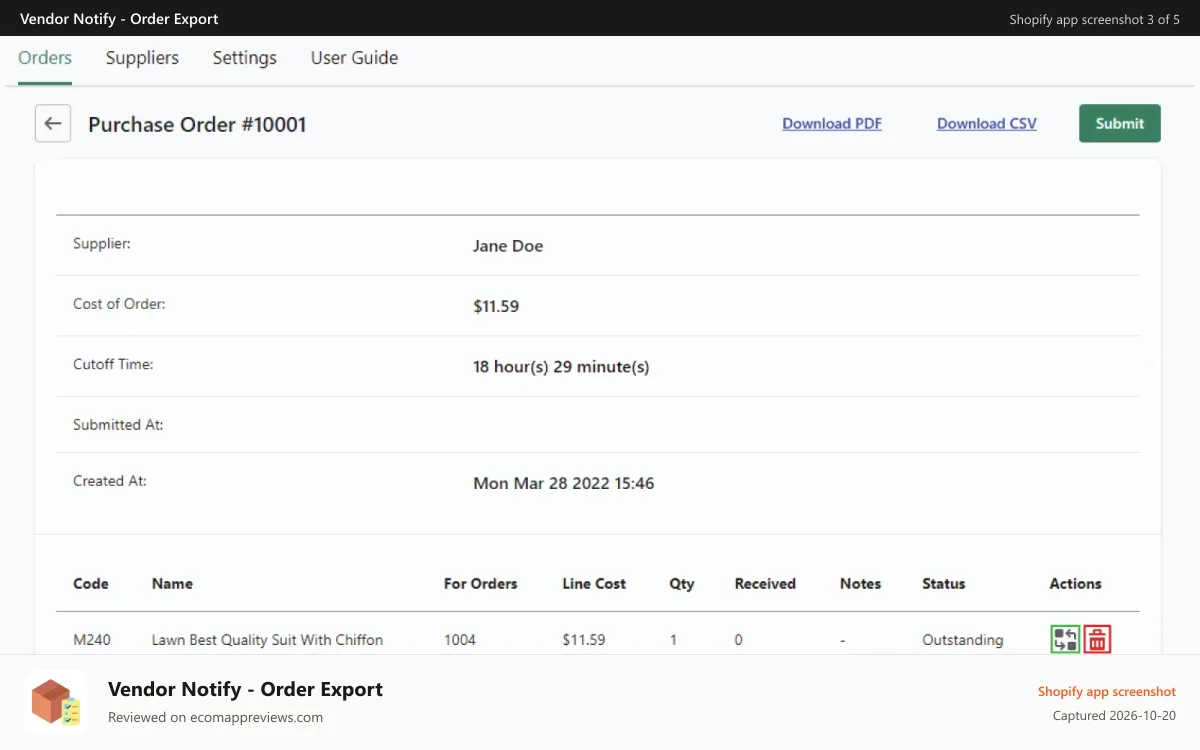 Vendor Notify ‑ Order Export Shopify app screenshot: Single Purchase order
