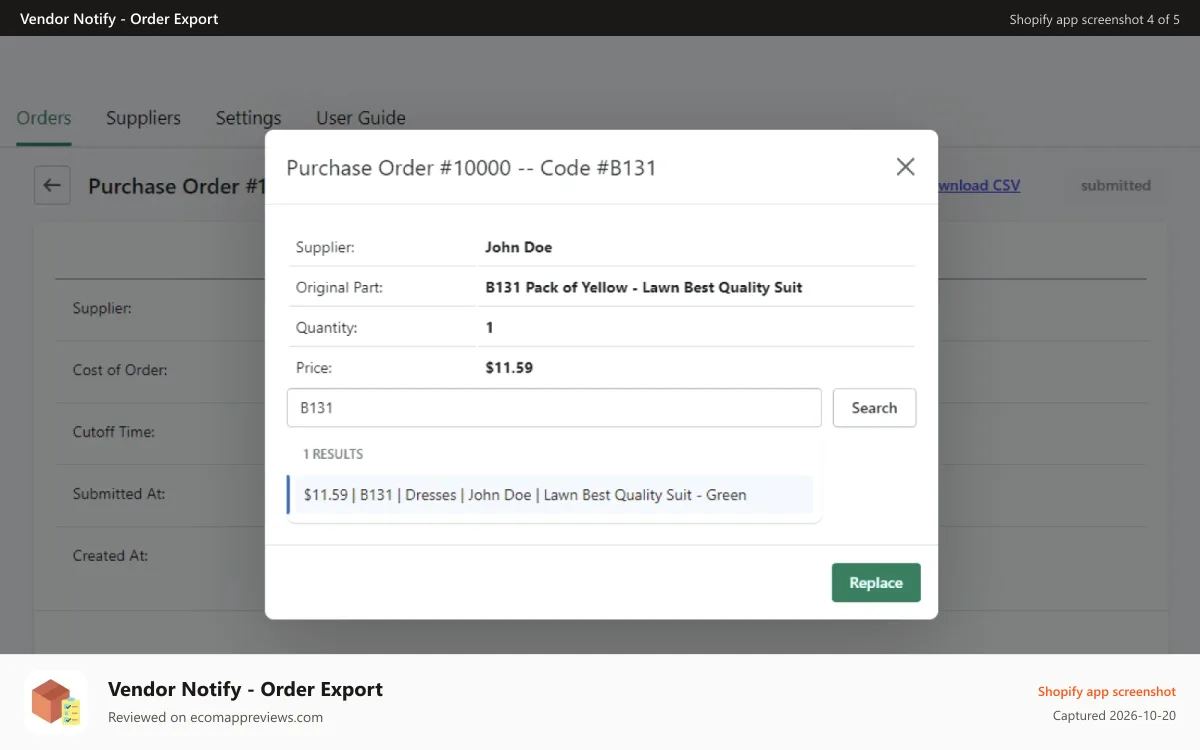 Vendor Notify ‑ Order Export Shopify app screenshot: Replace an Item