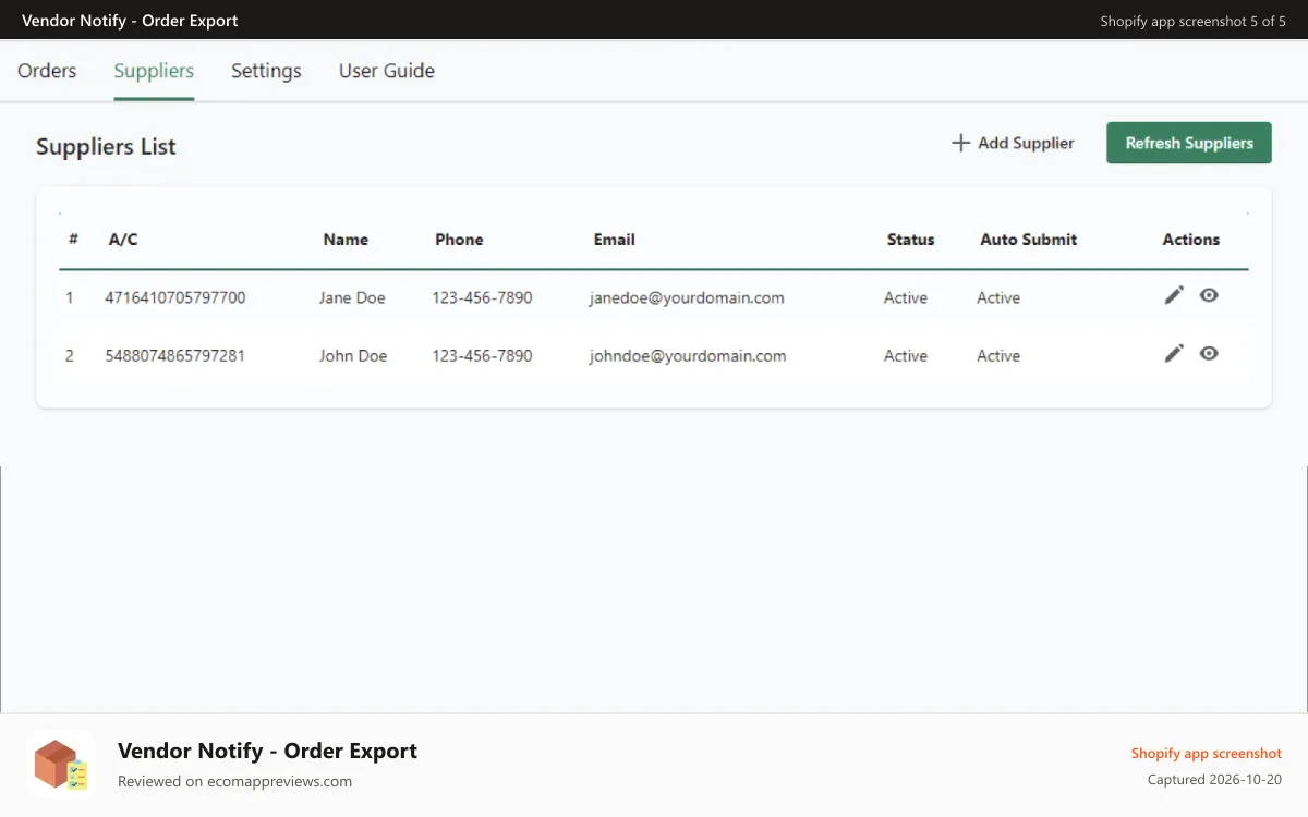 Vendor Notify ‑ Order Export Shopify app screenshot: Vendors List