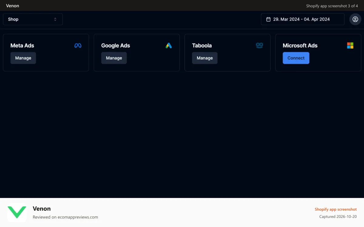 Venon Shopify app screenshot: venon integrations