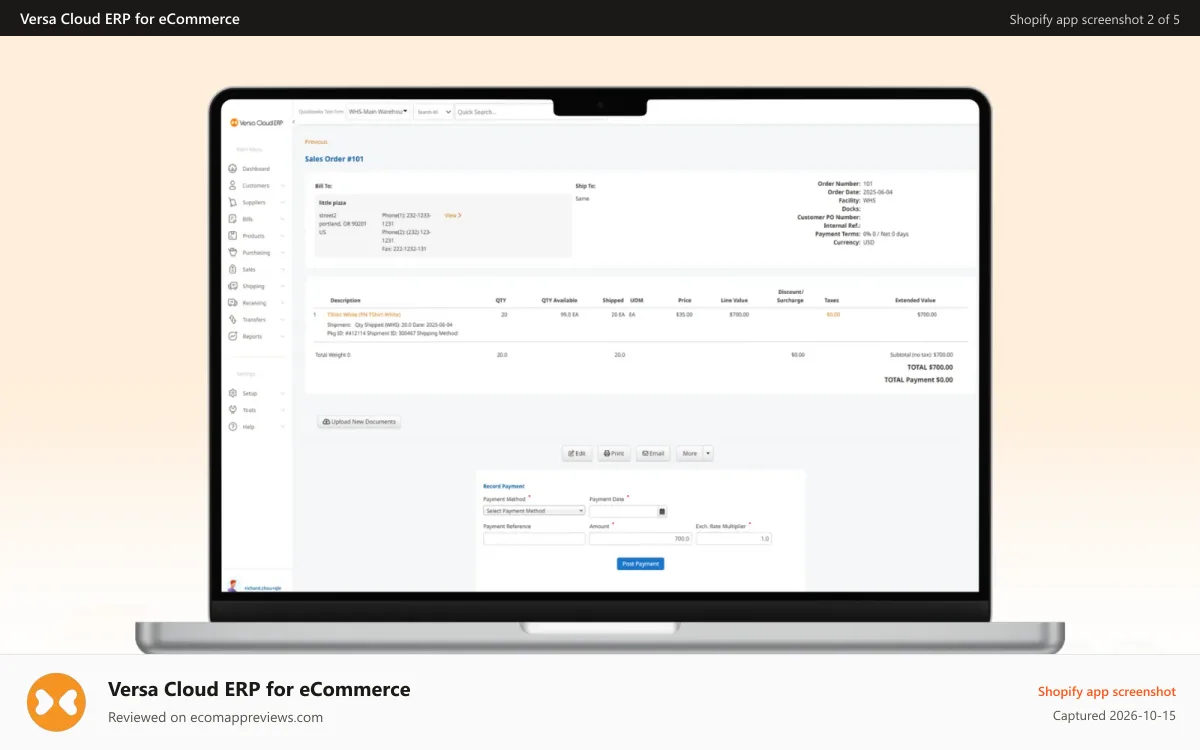 Versa Cloud ERP for eCommerce Shopify app screenshot: Open Sales Orders. Check Order Status. Assign Tags and more.
