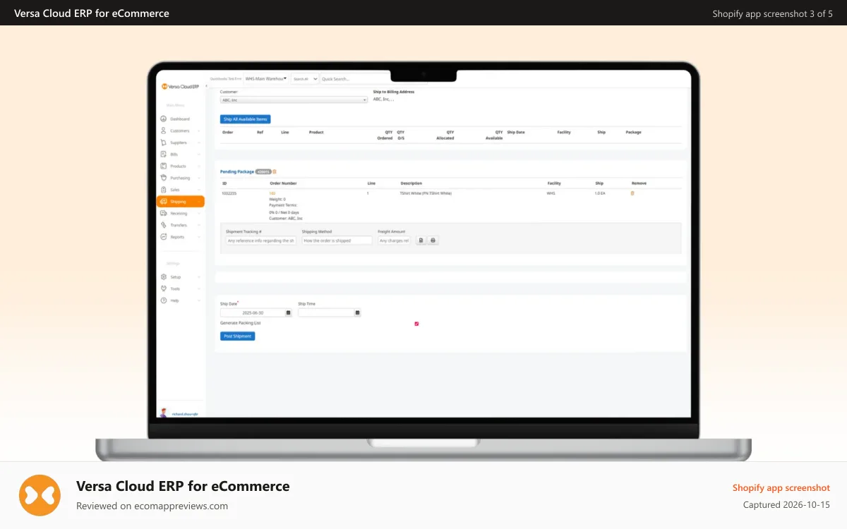 Versa Cloud ERP for eCommerce Shopify app screenshot: Sales Order Shipment Page