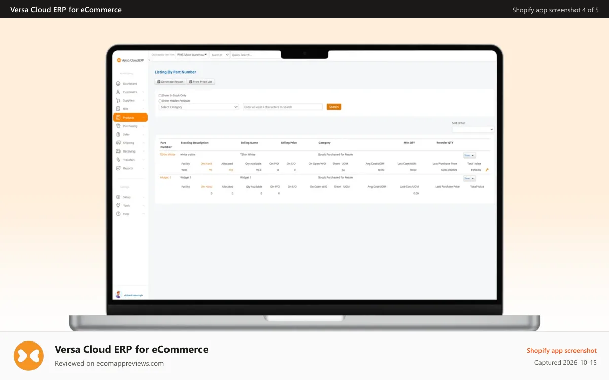 Versa Cloud ERP for eCommerce Shopify app screenshot: Inventory Page