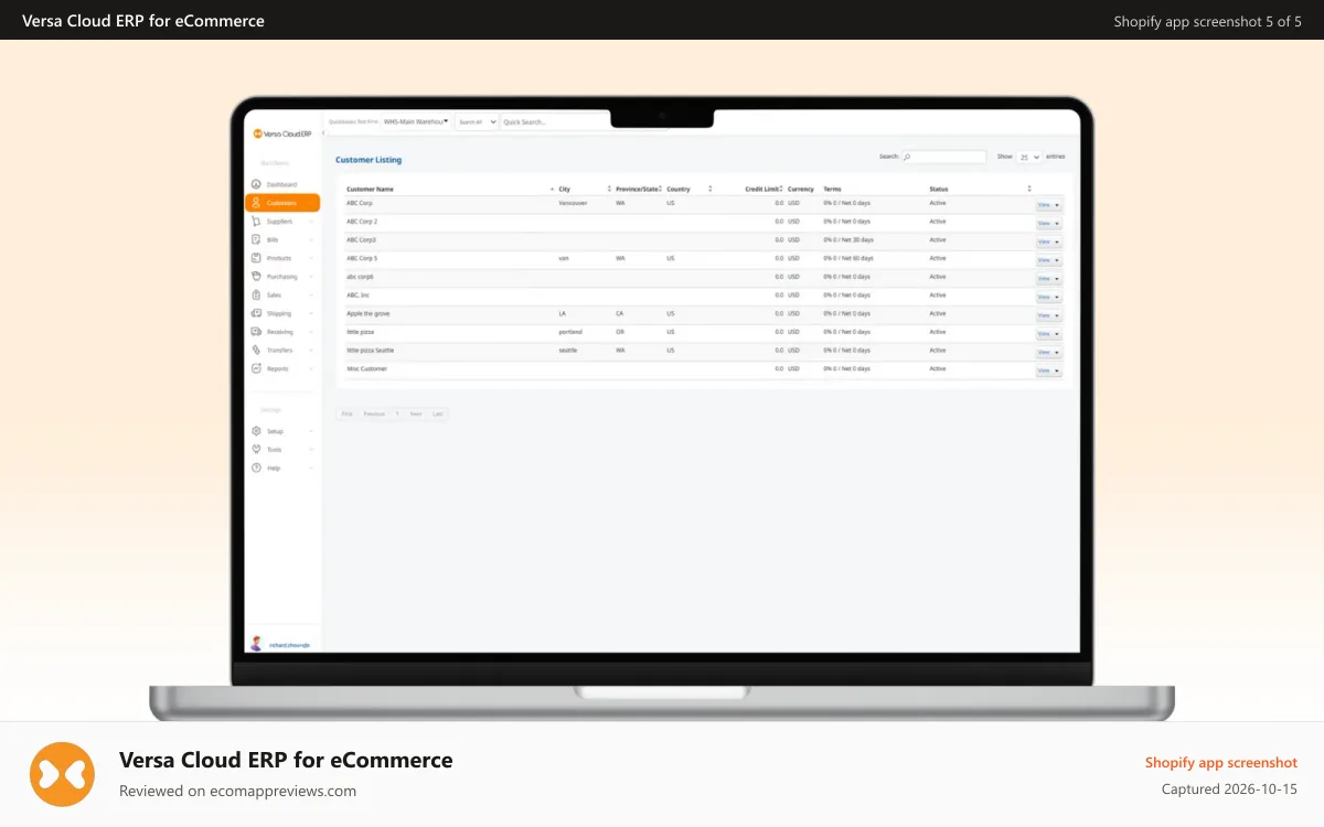 Versa Cloud ERP for eCommerce Shopify app screenshot: Customer Listing Page