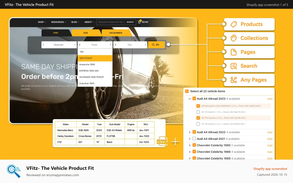 VFitz‑ The Vehicle Product Fit Shopify app screenshot: Using key searches such as the “Year Make Model Trim (YMMT)”