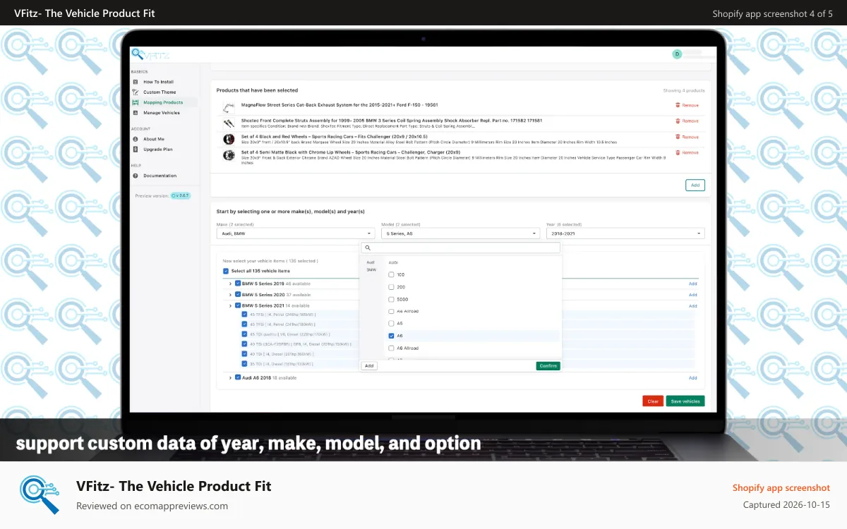 VFitz‑ The Vehicle Product Fit Shopify app screenshot: Up to date DATABASE of vehicle Makes, Models, and Trim.
